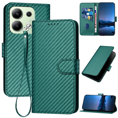 YX0070 For Xiaomi Redmi Note 13 4G PU Leather Phone Case Carbon Fiber Texture Stand Phone Coverish Green