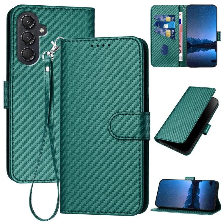 YX0070 For Samsung Galaxy M55 5G / C55 5G / F55 5G Wallet Case Carbon Fiber Texture Leather Phone Coverish Green
