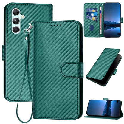 YX0070 For Samsung Galaxy A34 5G Case PU Leather Carbon Fiber Texture Cash Pocket Phone Coverish Green