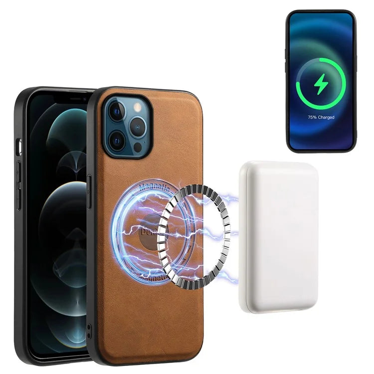 DENIOR A11 For iPhone 12 Pro Max Case Retro PU+PC+TPU Phone Cover Compatible with MagSafe