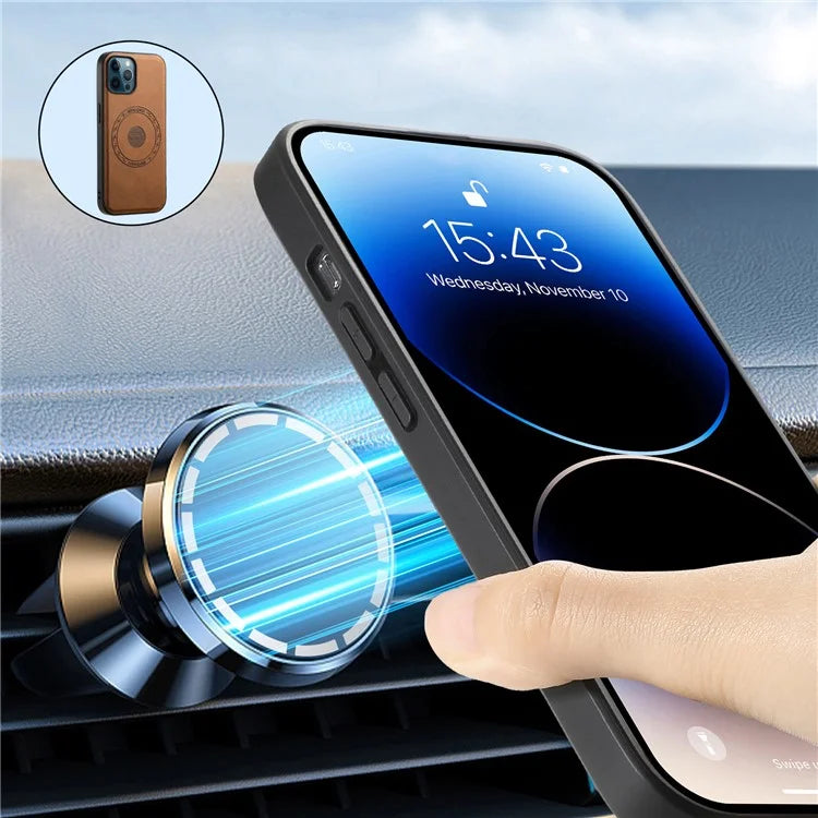 DENIOR A11 For iPhone 12 Pro Max Case Retro PU+PC+TPU Phone Cover Compatible with MagSafe