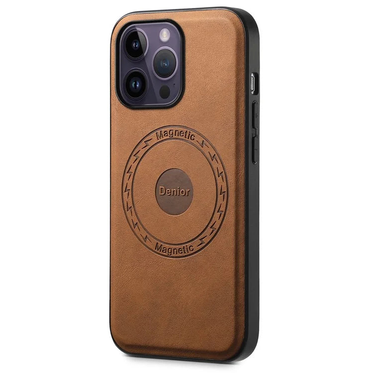 DENIOR A11 For iPhone 14 Pro Magnetic Phone Case Retro PU+PC+TPU Shockproof Cover