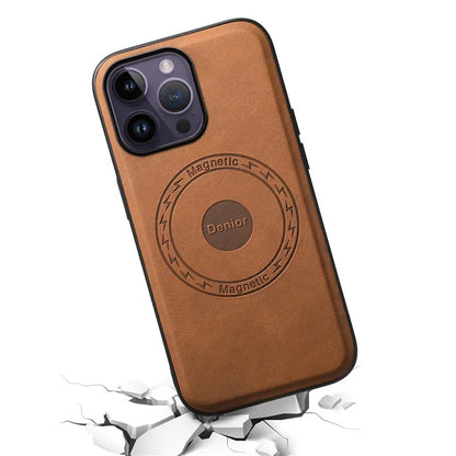 DENIOR A11 For iPhone 14 Pro Magnetic Phone Case Retro PU+PC+TPU Shockproof Cover