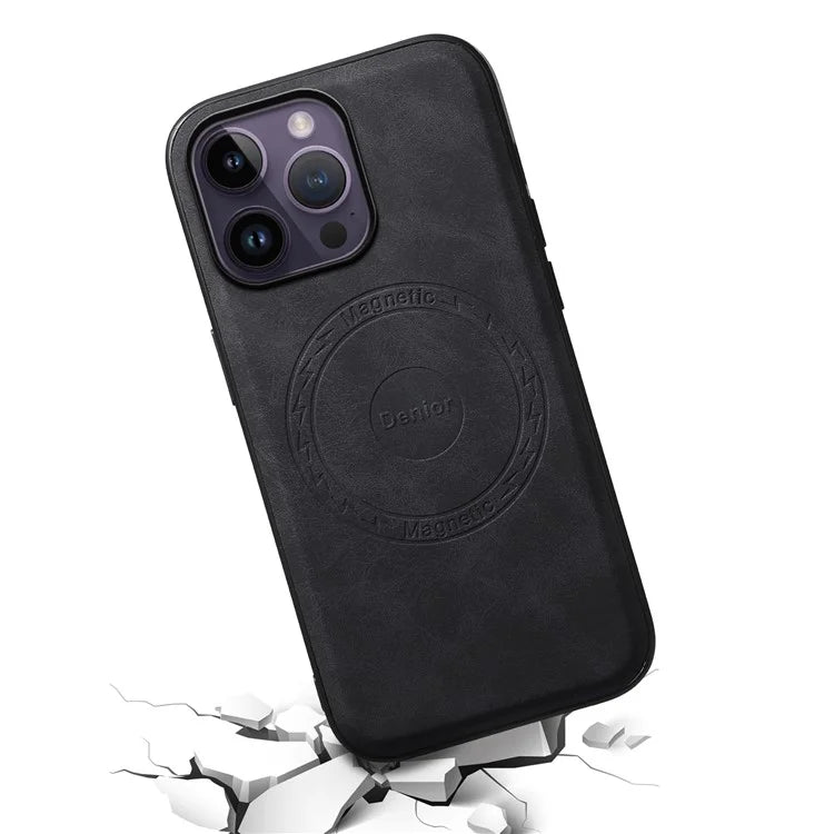 DENIOR A11 For iPhone 14 Pro Magnetic Phone Case Retro PU+PC+TPU Shockproof Cover