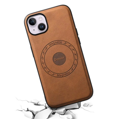 DENIOR A11 For iPhone 14 Plus Case Retro PU+PC+TPU Phone Cover Compatible with MagSafe