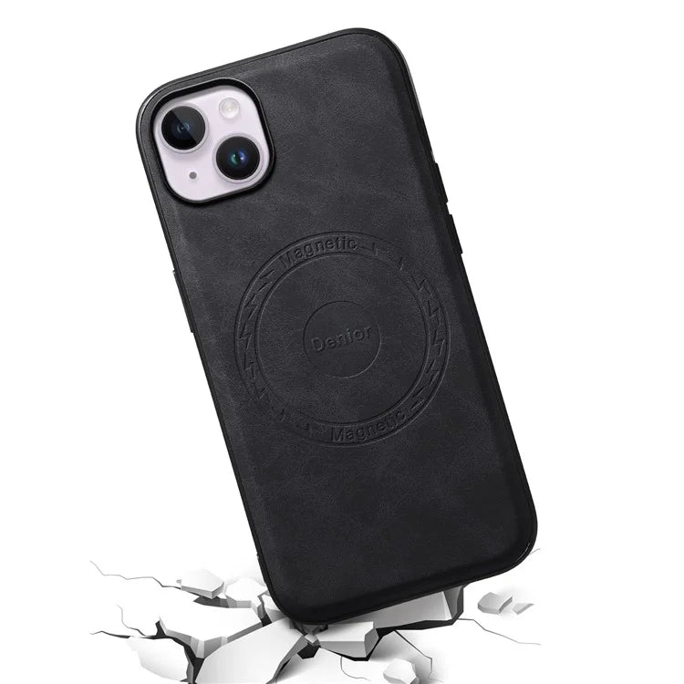 DENIOR A11 For iPhone 14 Plus Case Retro PU+PC+TPU Phone Cover Compatible with MagSafe