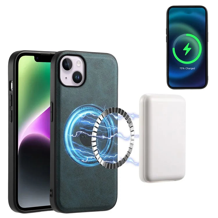 DENIOR A11 For iPhone 13 / 14 Magnetic Case Retro Leather Coated PC+TPU Anti-Scratch Cover