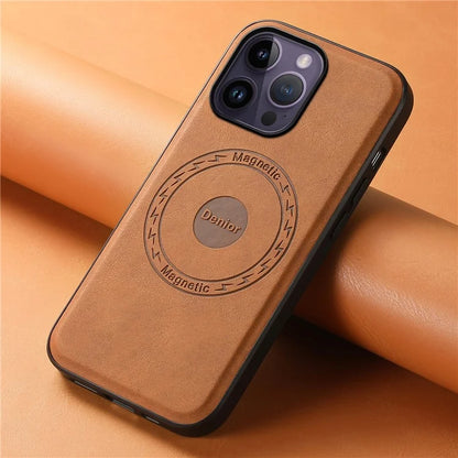 DENIOR A11 For iPhone 14 Pro Max Magnetic Case Retro Leather+ PC+TPU Protective Phone Cover