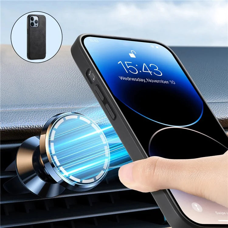 DENIOR A11 For iPhone 13 Pro Max Magnetic Case Leather+PC+TPU Retro Phone Cover