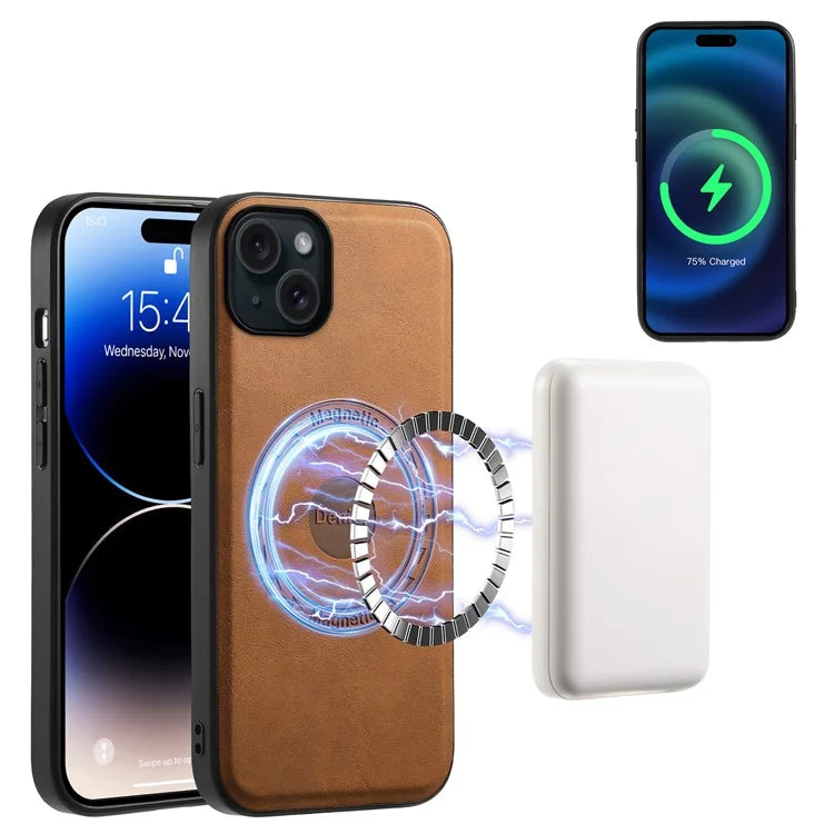 DENIOR A11 For iPhone 15 Plus Case Compatible with MagSafe Leather Coated PC+TPU Phone Cover