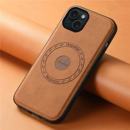 DENIOR A11 For iPhone 15 Plus Case Compatible with MagSafe Leather Coated PC+TPU Phone Cover