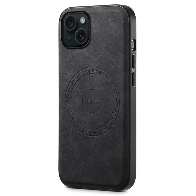 DENIOR A11 For iPhone 15 Magnetic Phone Case Leather Coated PC+TPU Hybrid Cover