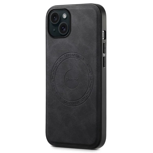 DENIOR A11 For iPhone 15 Magnetic Phone Case Leather Coated PC+TPU Hybrid Cover
