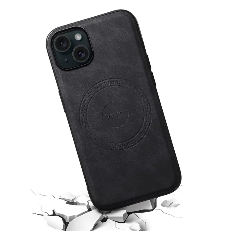 DENIOR A11 For iPhone 15 Magnetic Phone Case Leather Coated PC+TPU Hybrid Cover