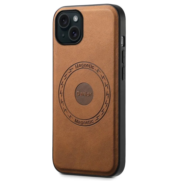 DENIOR A11 For iPhone 15 Magnetic Phone Case Leather Coated PC+TPU Hybrid Cover