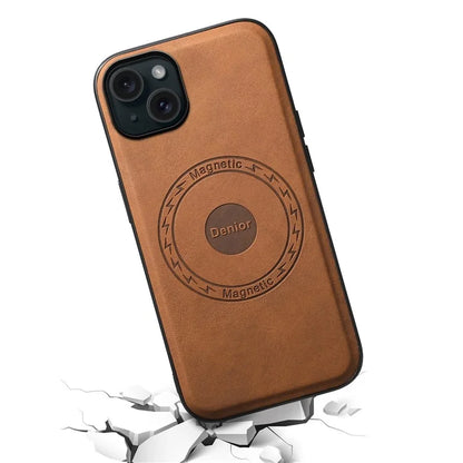 DENIOR A11 For iPhone 15 Magnetic Phone Case Leather Coated PC+TPU Hybrid Cover
