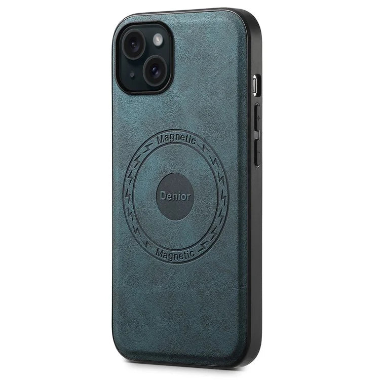 DENIOR A11 For iPhone 15 Magnetic Phone Case Leather Coated PC+TPU Hybrid Cover