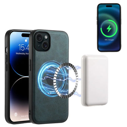 DENIOR A11 For iPhone 15 Magnetic Phone Case Leather Coated PC+TPU Hybrid Cover