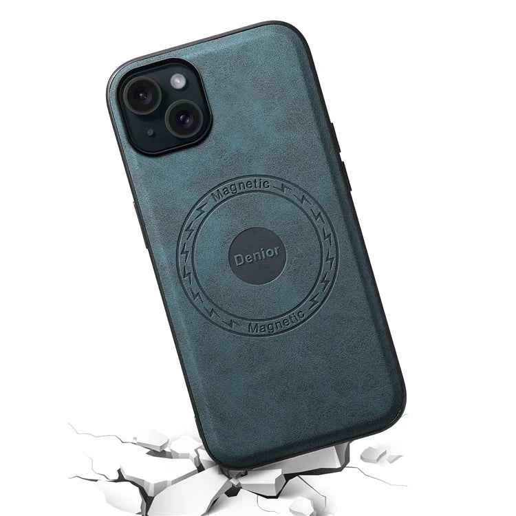 DENIOR A11 For iPhone 15 Magnetic Phone Case Leather Coated PC+TPU Hybrid Cover