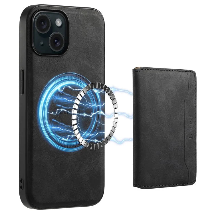 DENIOR D13 For iPhone 15 Case PC+TPU+PU Leather Phone Cover with Detachable Magnetic Card Holder