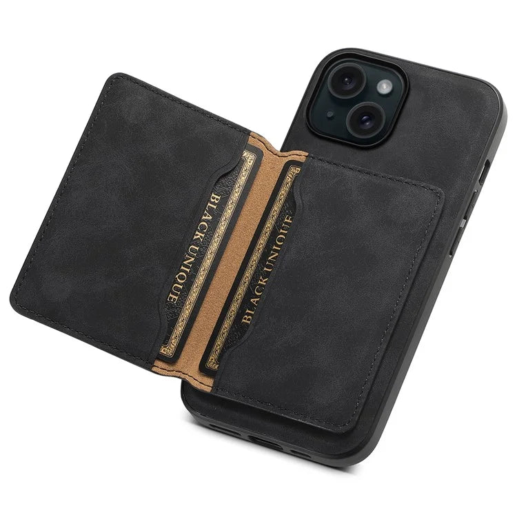 DENIOR D13 For iPhone 15 Case PC+TPU+PU Leather Phone Cover with Detachable Magnetic Card Holder