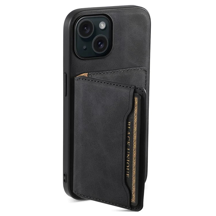DENIOR D13 For iPhone 15 Case PC+TPU+PU Leather Phone Cover with Detachable Magnetic Card Holder