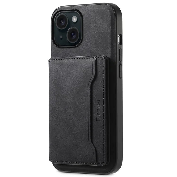 DENIOR D13 For iPhone 15 Case PC+TPU+PU Leather Phone Cover with Detachable Magnetic Card Holder