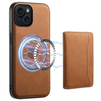 DENIOR D13 For iPhone 15 Case PC+TPU+PU Leather Phone Cover with Detachable Magnetic Card Holder
