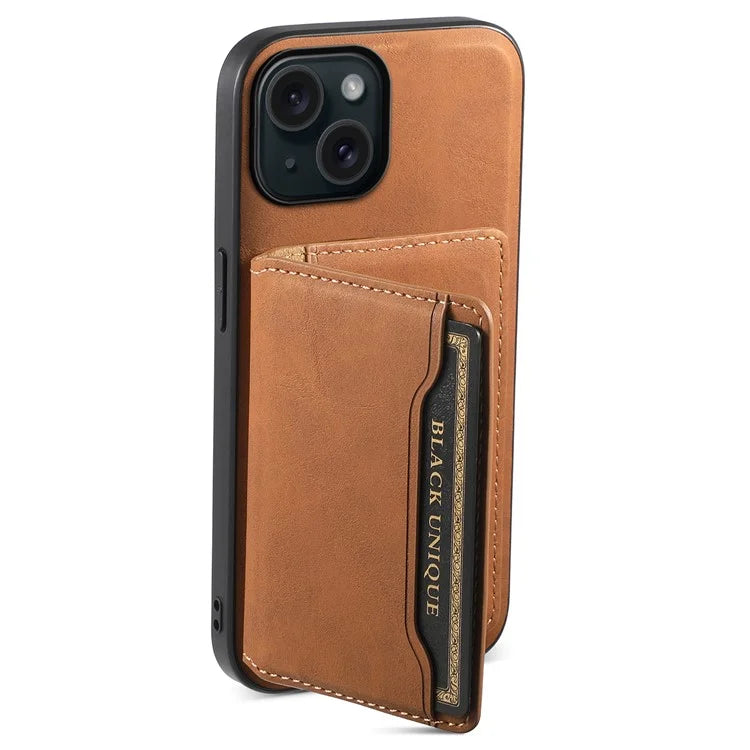 DENIOR D13 For iPhone 15 Case PC+TPU+PU Leather Phone Cover with Detachable Magnetic Card Holder