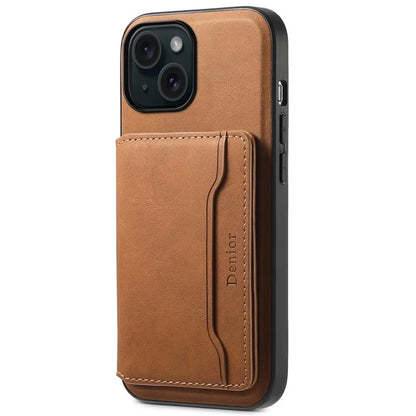 DENIOR D13 For iPhone 15 Case PC+TPU+PU Leather Phone Cover with Detachable Magnetic Card Holder