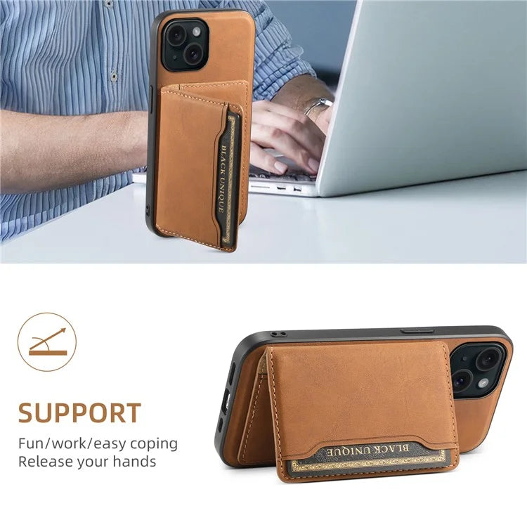 DENIOR D13 For iPhone 15 Case PC+TPU+PU Leather Phone Cover with Detachable Magnetic Card Holder