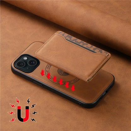 DENIOR D13 For iPhone 15 Case PC+TPU+PU Leather Phone Cover with Detachable Magnetic Card Holder