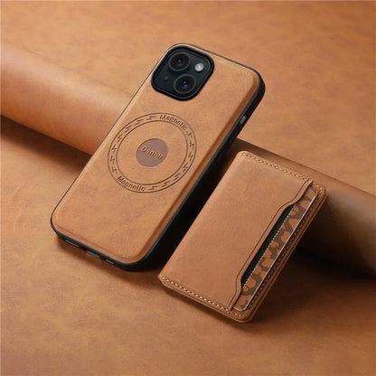 DENIOR D13 For iPhone 15 Case PC+TPU+PU Leather Phone Cover with Detachable Magnetic Card Holder