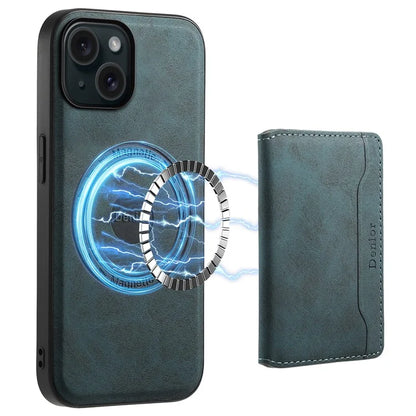 DENIOR D13 For iPhone 15 Case PC+TPU+PU Leather Phone Cover with Detachable Magnetic Card Holder