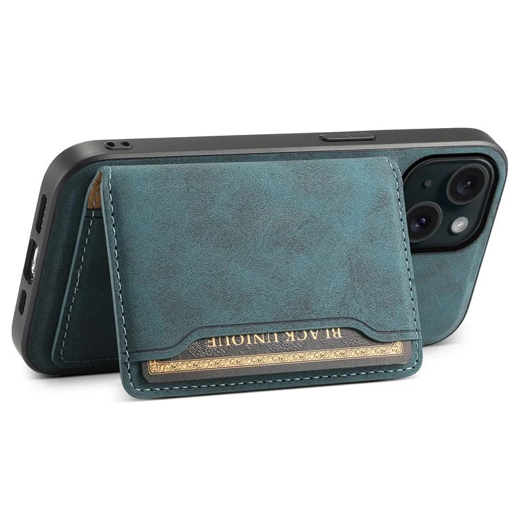 DENIOR D13 For iPhone 15 Case PC+TPU+PU Leather Phone Cover with Detachable Magnetic Card Holder