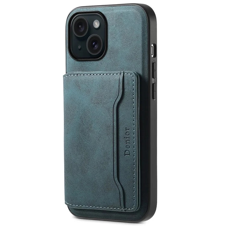 DENIOR D13 For iPhone 15 Case PC+TPU+PU Leather Phone Cover with Detachable Magnetic Card Holder