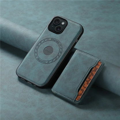DENIOR D13 For iPhone 15 Case PC+TPU+PU Leather Phone Cover with Detachable Magnetic Card Holder
