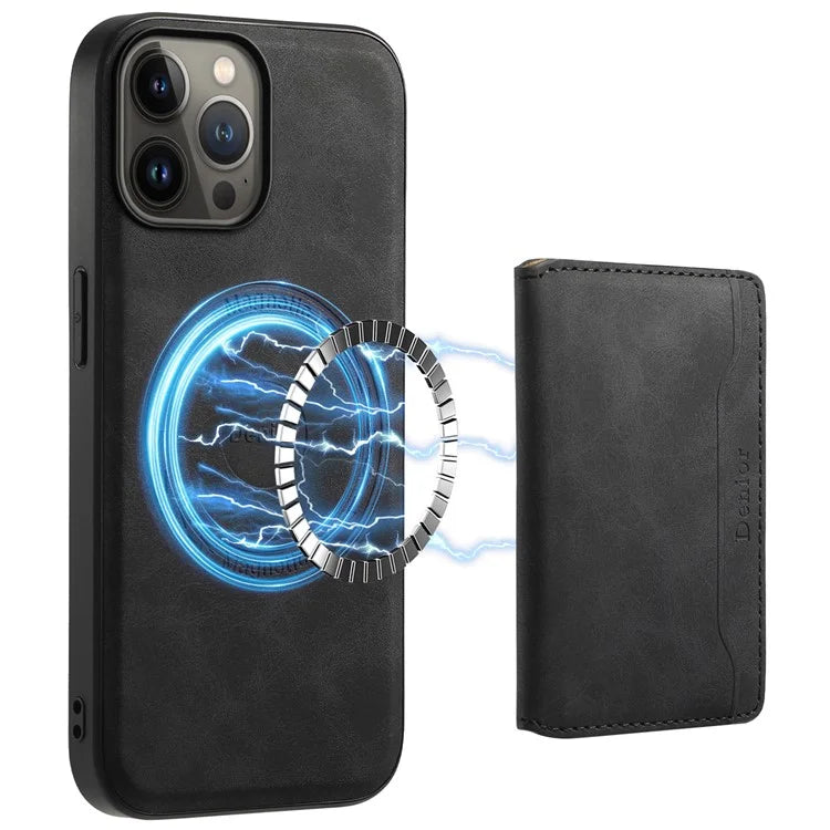 DENIOR D13 For iPhone 13 Pro Max 6.7 inch Case Magnetic Leather+TPU+PC Phone Cover with Card Bag