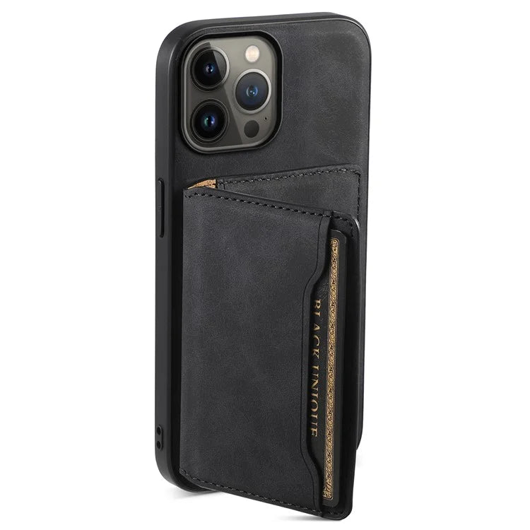 DENIOR D13 For iPhone 13 Pro Max 6.7 inch Case Magnetic Leather+TPU+PC Phone Cover with Card Bag