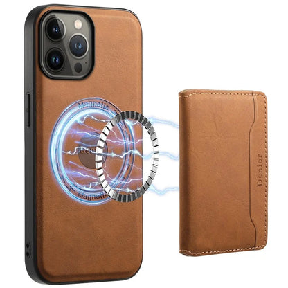 DENIOR D13 For iPhone 13 Pro Max 6.7 inch Case Magnetic Leather+TPU+PC Phone Cover with Card Bag