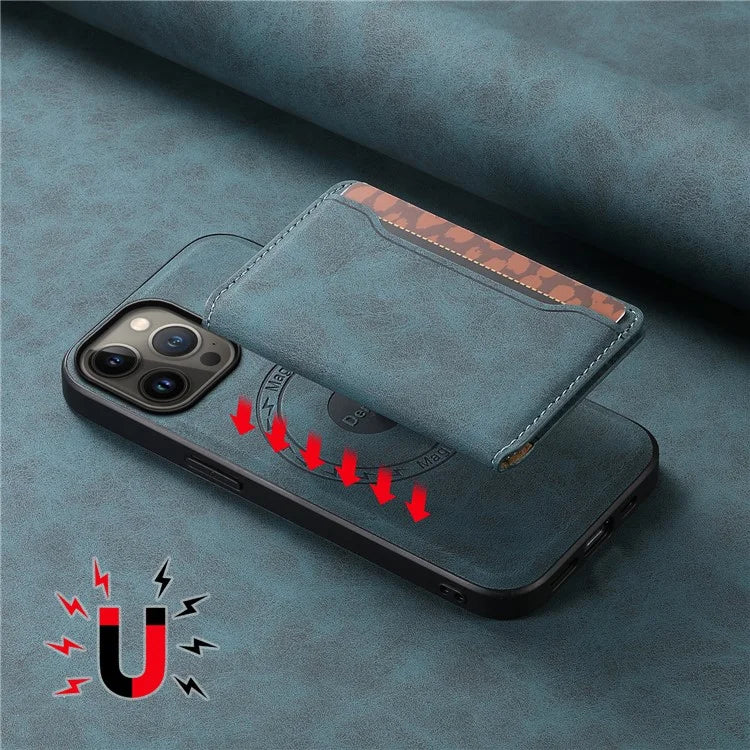 DENIOR D13 For iPhone 13 Pro Max 6.7 inch Case Magnetic Leather+TPU+PC Phone Cover with Card Bag