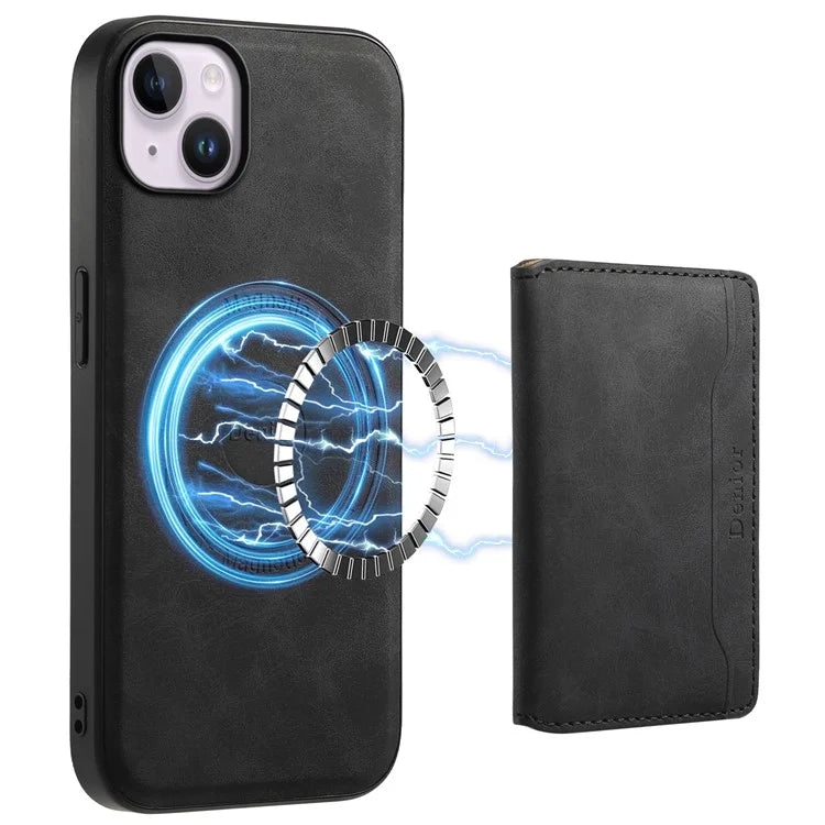 DENIOR D13 For iPhone 14 Plus Magnetic Leather+TPU+PC Bump Proof Phone Cover with Card Bag