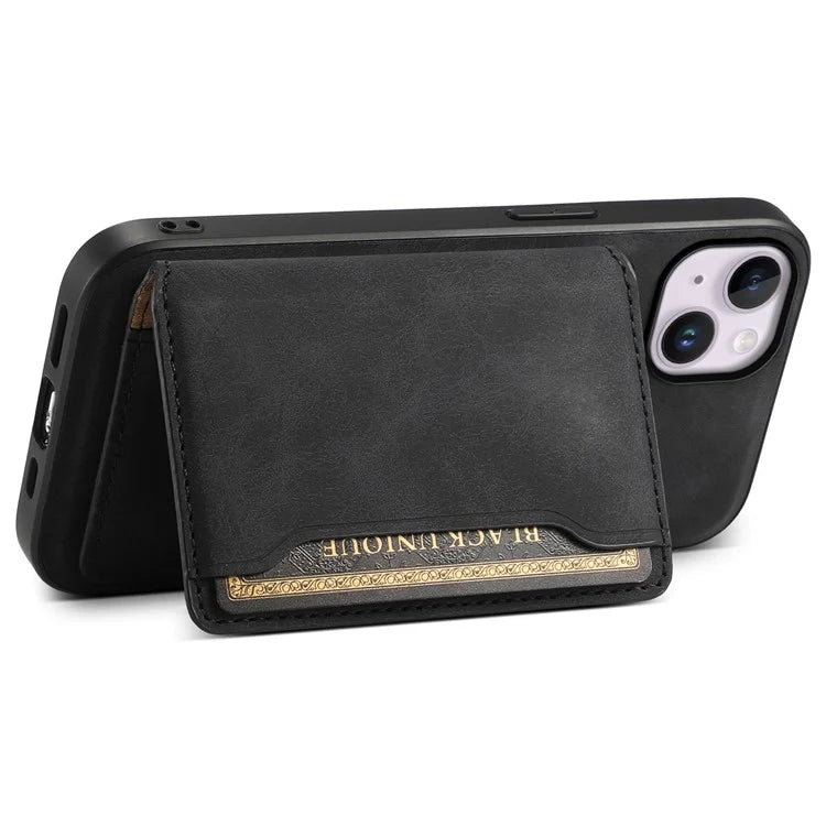 DENIOR D13 For iPhone 14 Plus Magnetic Leather+TPU+PC Bump Proof Phone Cover with Card Bag