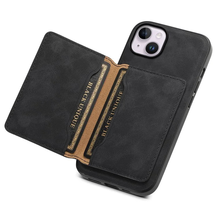 DENIOR D13 For iPhone 14 Plus Magnetic Leather+TPU+PC Bump Proof Phone Cover with Card Bag