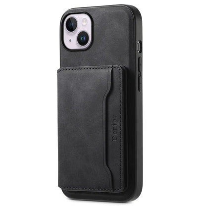 DENIOR D13 For iPhone 14 Plus Magnetic Leather+TPU+PC Bump Proof Phone Cover with Card Bag