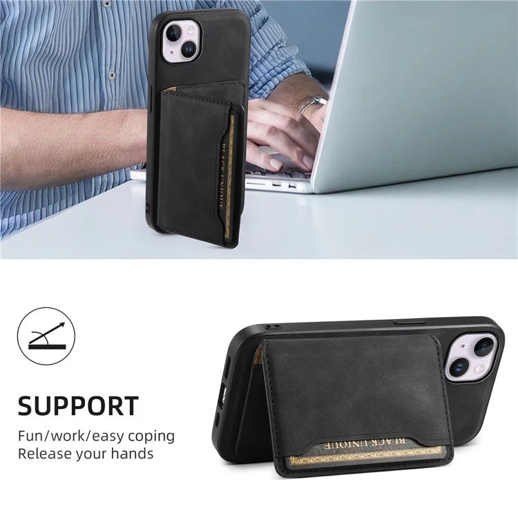 DENIOR D13 For iPhone 14 Plus Magnetic Leather+TPU+PC Bump Proof Phone Cover with Card Bag
