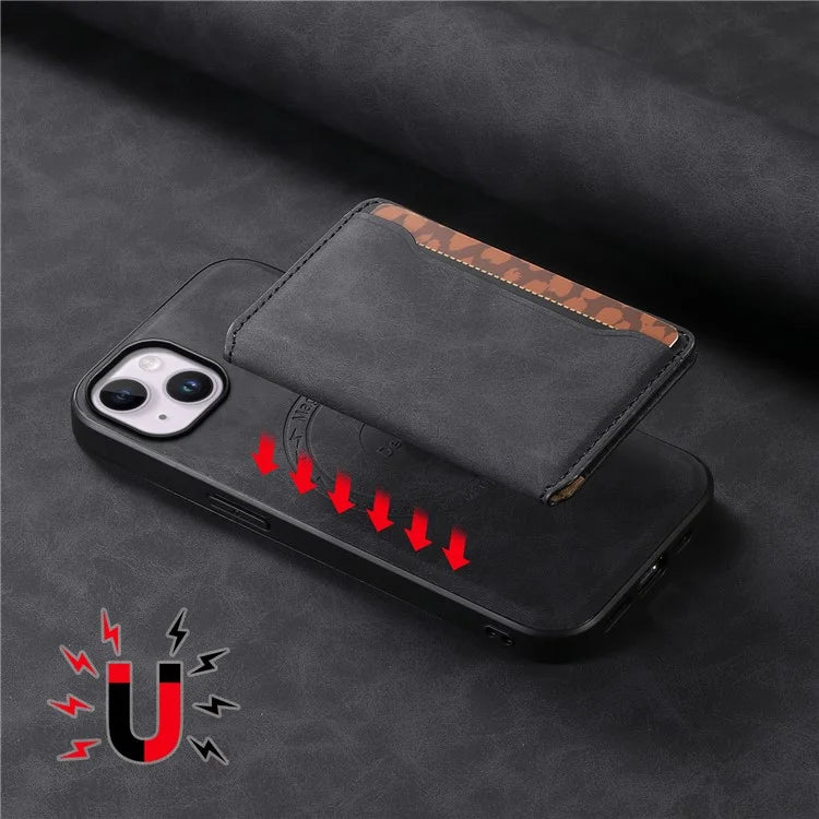DENIOR D13 For iPhone 14 Plus Magnetic Leather+TPU+PC Bump Proof Phone Cover with Card Bag