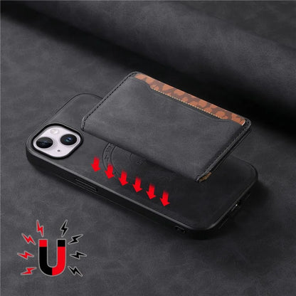 DENIOR D13 For iPhone 14 Plus Magnetic Leather+TPU+PC Bump Proof Phone Cover with Card Bag