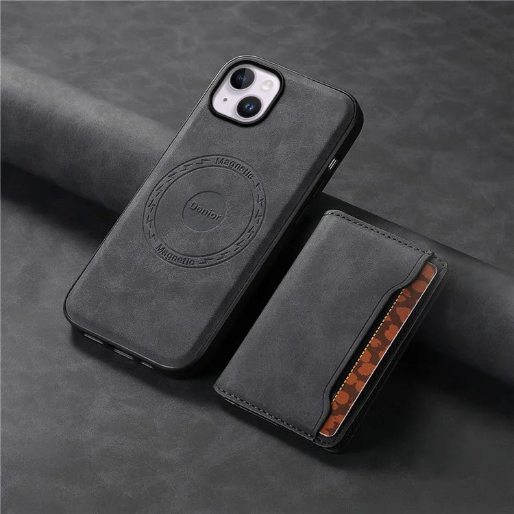 DENIOR D13 For iPhone 14 Plus Magnetic Leather+TPU+PC Bump Proof Phone Cover with Card Bag