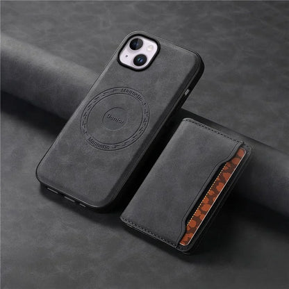 DENIOR D13 For iPhone 14 Plus Magnetic Leather+TPU+PC Bump Proof Phone Cover with Card Bag